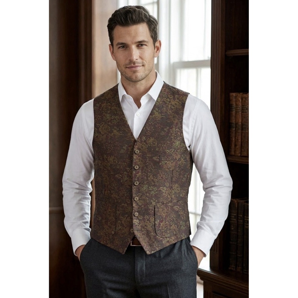$325 New Joseph Abboud American Bespoke Men Vest Size Medium Maroon Floral Silk